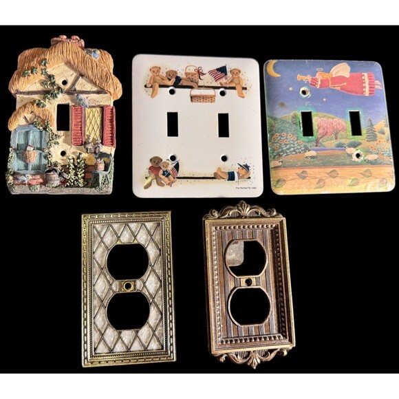 Lot Of 5 Light Switch Plate Cover Toggle Flower Teddy Bear Rustic Farmhouse Mix - Picture 1 of 9